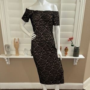 Dress the Population Jemma Off Shoulder Midi Dress Black Nude